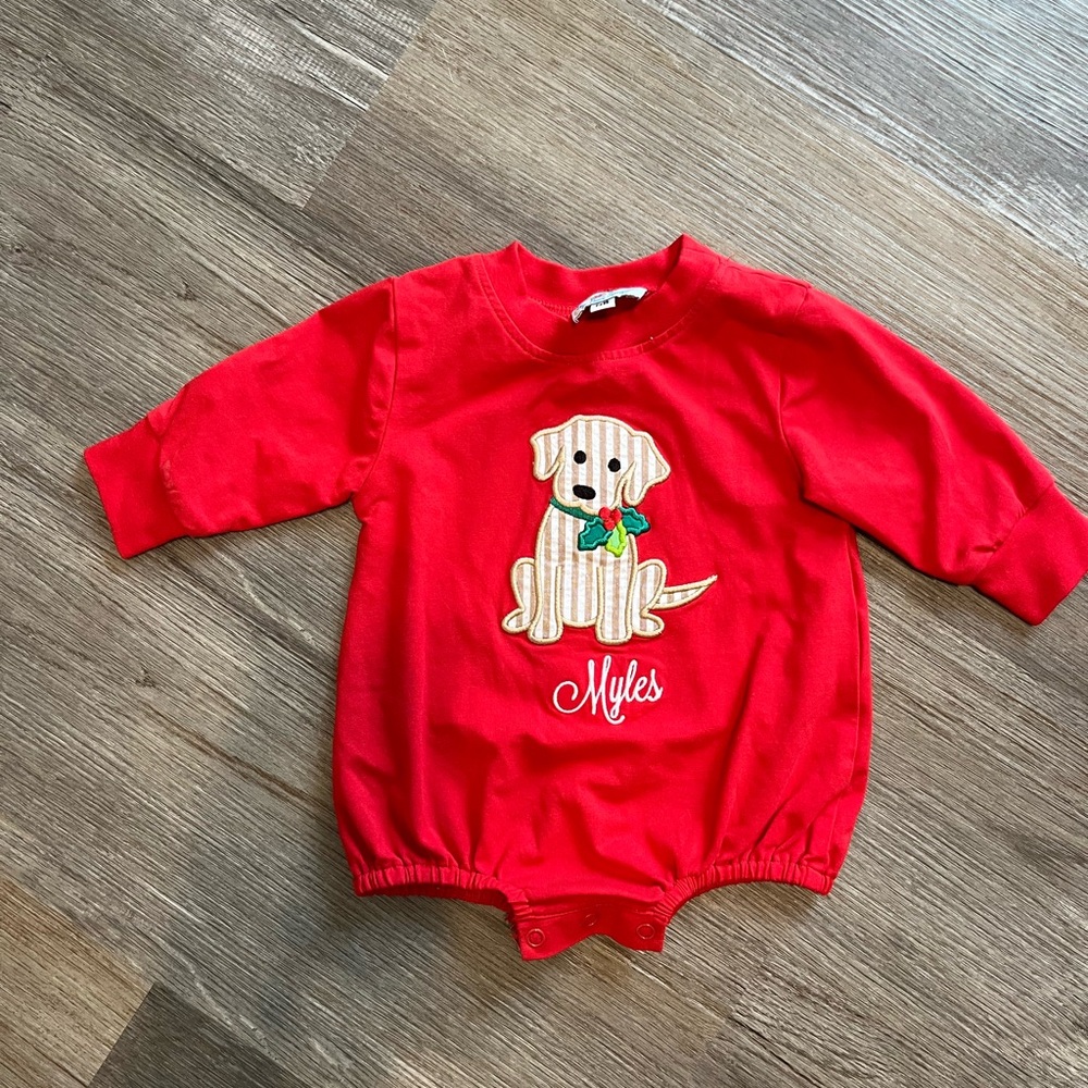 Busy Bee Smocks Christmas Red Baby Romper with Puppy Design with Myles